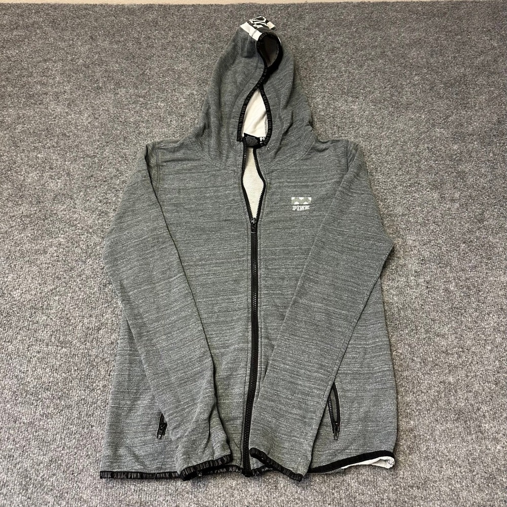 PINK Hoodie Womens Size S Gray Space Dye Full Zip Activewear Thumbhole Logo Trim